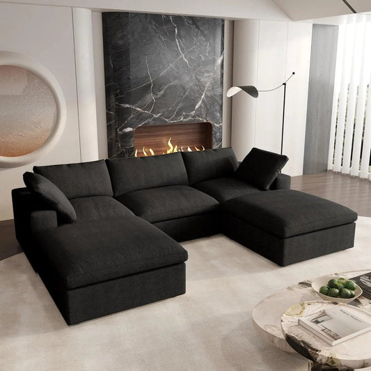 120" Black Linen Blend Modular Sofa With Ottomans Toss Pillows And Storage HomeRoots