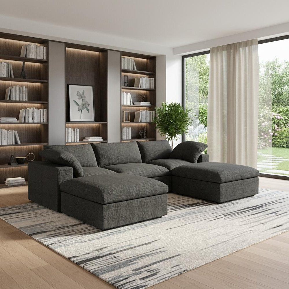 120" Black Linen Blend Modular Sofa With Ottomans Toss Pillows And Storage HomeRoots