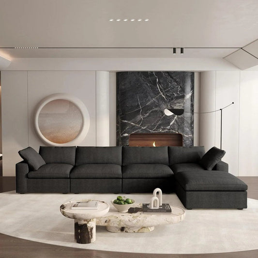 160" Black Linen Blend Modular Right Sofa With Ottoman And Toss Pillows HomeRoots