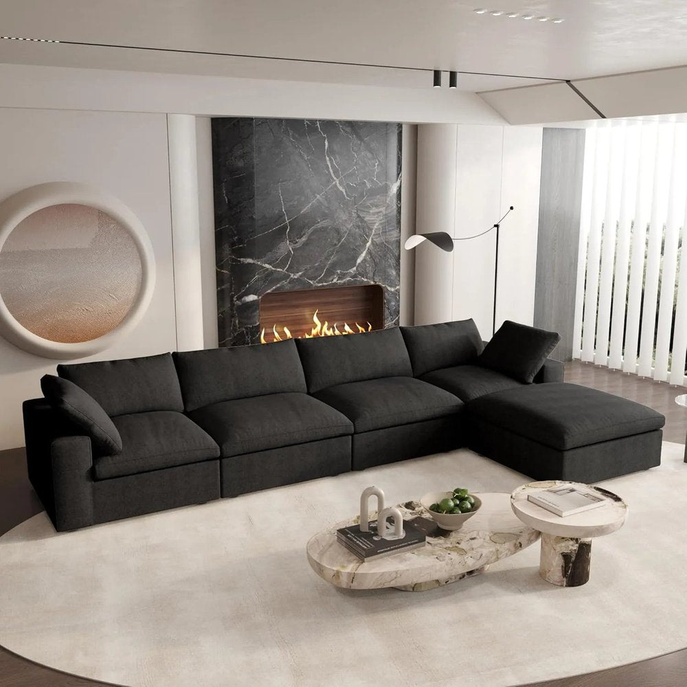 160" Black Linen Blend Modular Right Sofa With Ottoman And Toss Pillows HomeRoots