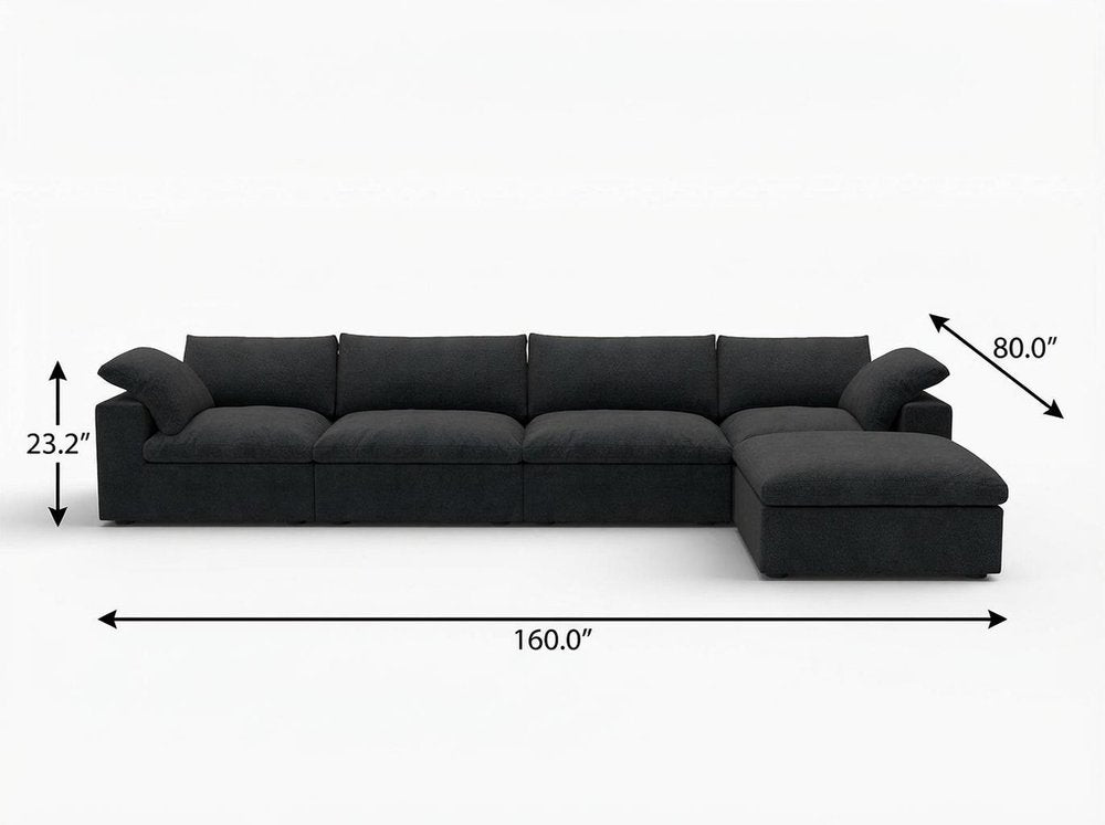 160" Black Linen Blend Modular Right Sofa With Ottoman And Toss Pillows HomeRoots