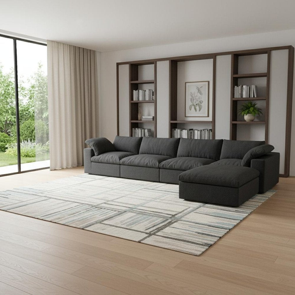 160" Black Linen Blend Modular Right Sofa With Ottoman And Toss Pillows HomeRoots