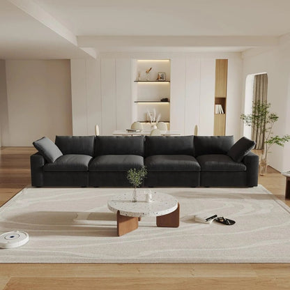 160" Black Linen Blend Modular Wood Sofa - FurniFindUSA