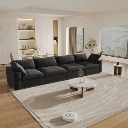 160" Black Linen Blend Modular Wood Sofa - FurniFindUSA