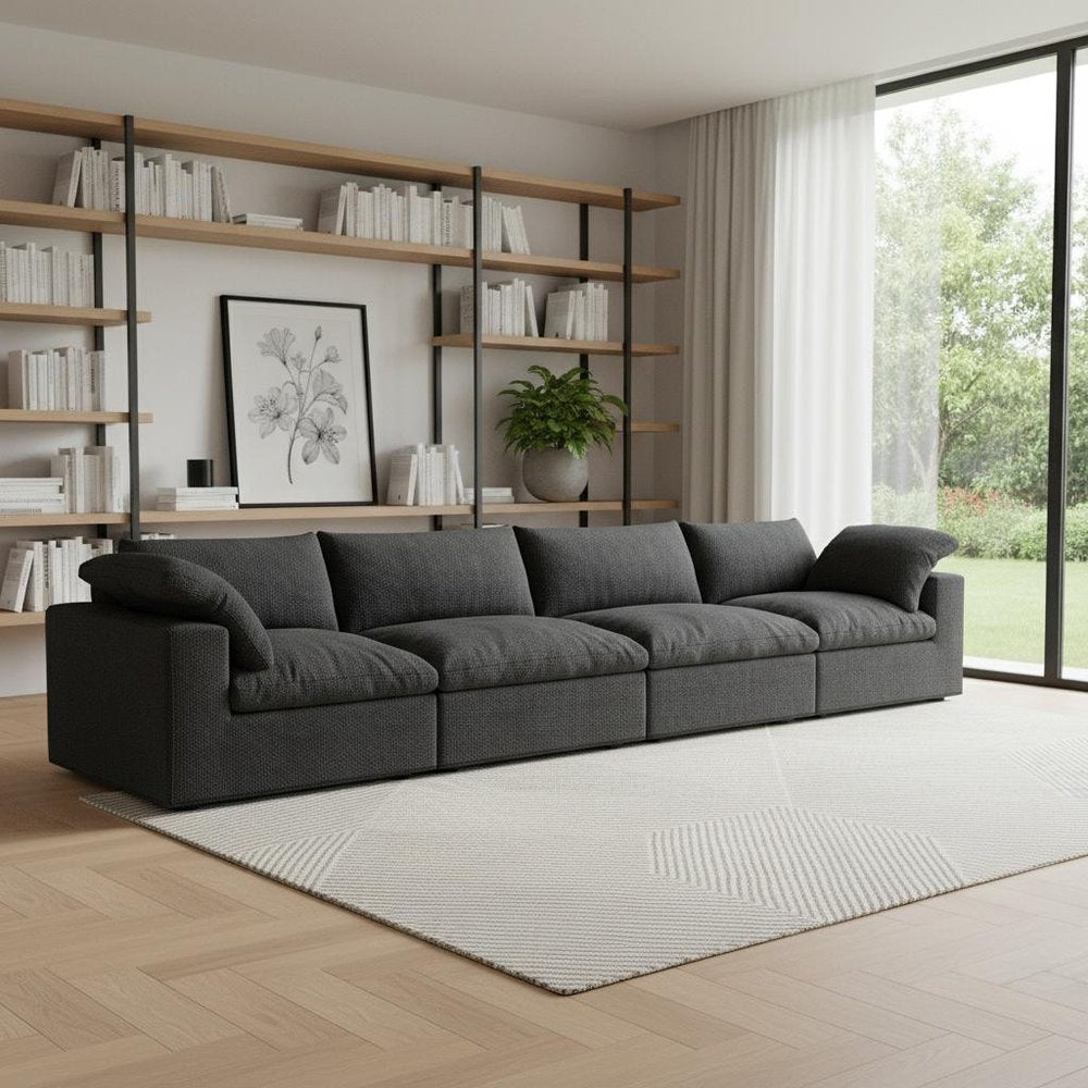 160" Black Linen Blend Modular Wood Sofa - FurniFindUSA