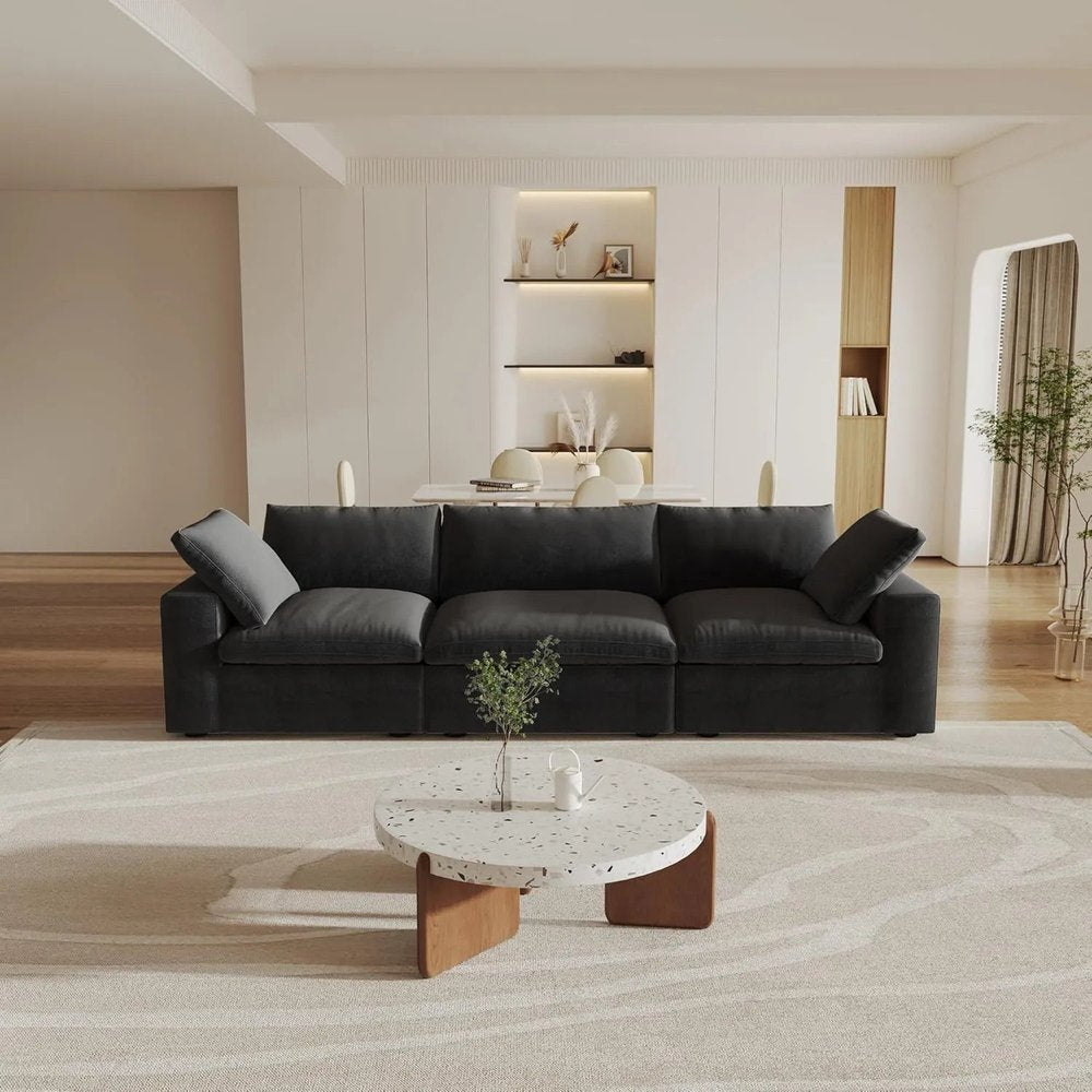 120" Black Linen Blend Modular Wood Sofa - FurniFindUSA