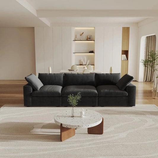 120" Black Linen Blend Modular Wood Sofa