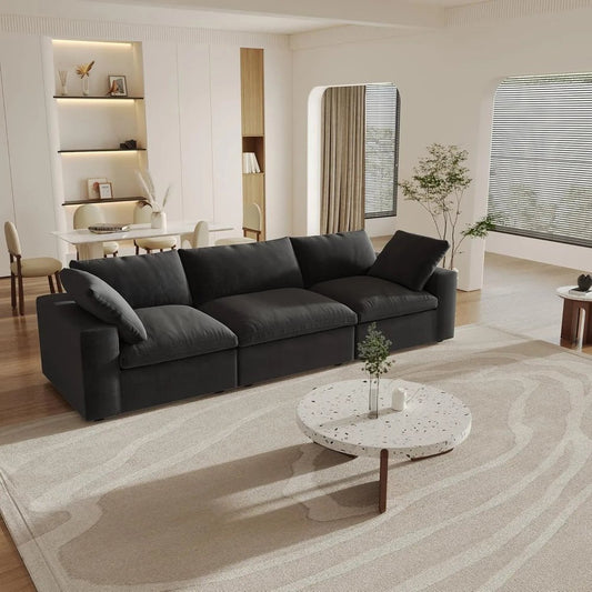 120" Black Linen Blend Modular Wood Sofa