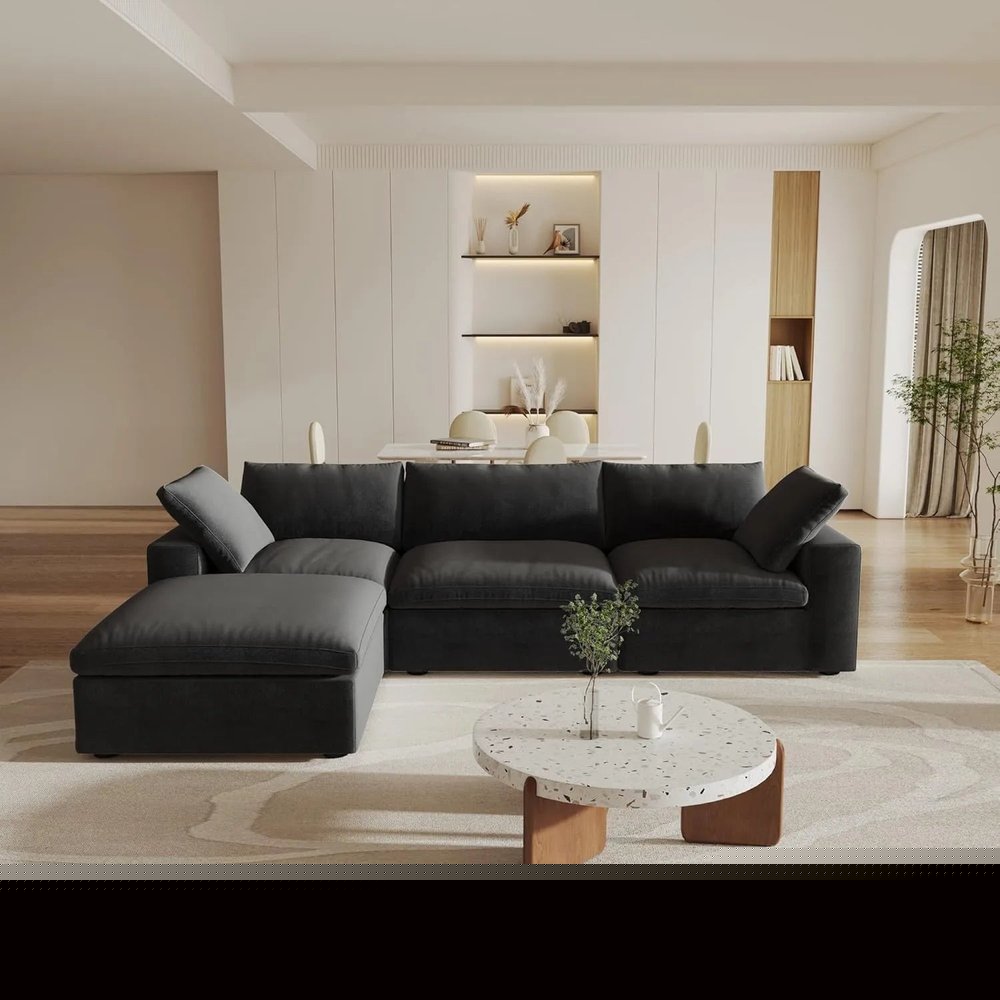 120" Black Linen Blend Modular Sofa With Ottoman And Storage HomeRoots
