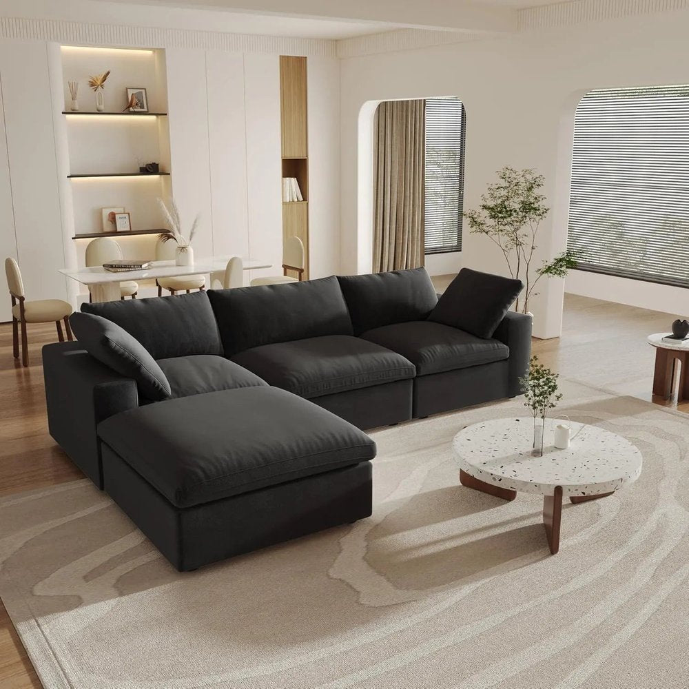 120" Black Linen Blend Modular Wood Sofa With Ottoman And Storage - FurniFindUSA