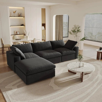 120" Black Linen Blend Modular Wood Sofa With Ottoman And Storage - FurniFindUSA