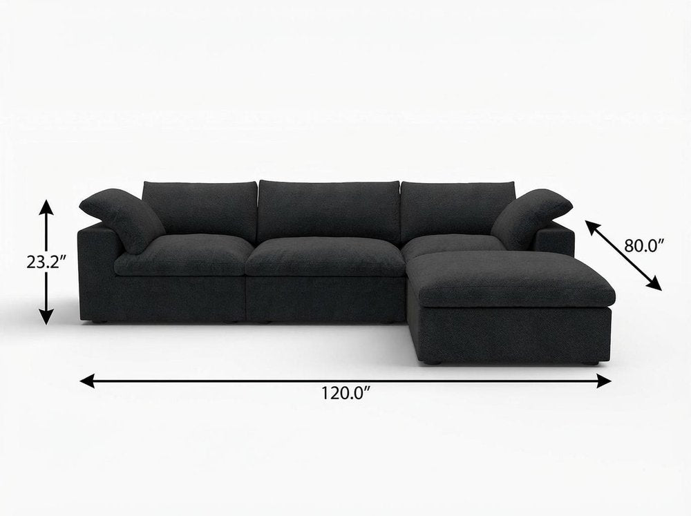 120" Black Linen Blend Modular Wood Sofa With Ottoman And Storage - FurniFindUSA