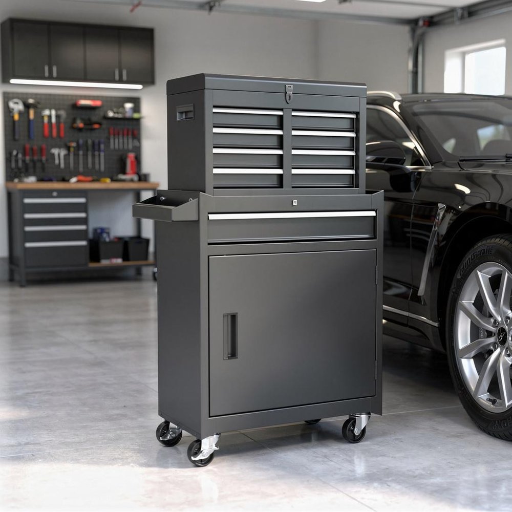 Set of Two Black Multi-Tier Steel Nine Drawer Rolling Storage Cabinet With Lid HomeRoots