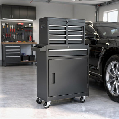Set of Two Black Multi-Tier Steel Nine Drawer Rolling Storage Cabinet With Lid HomeRoots