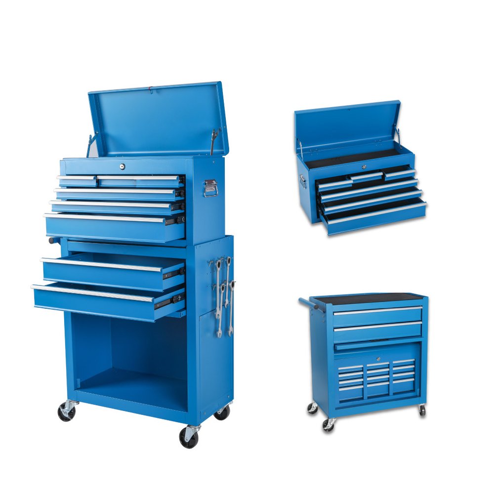 Set of Two Blue Multi-Tier Steel Rolling Cabinet With Lid HomeRoots