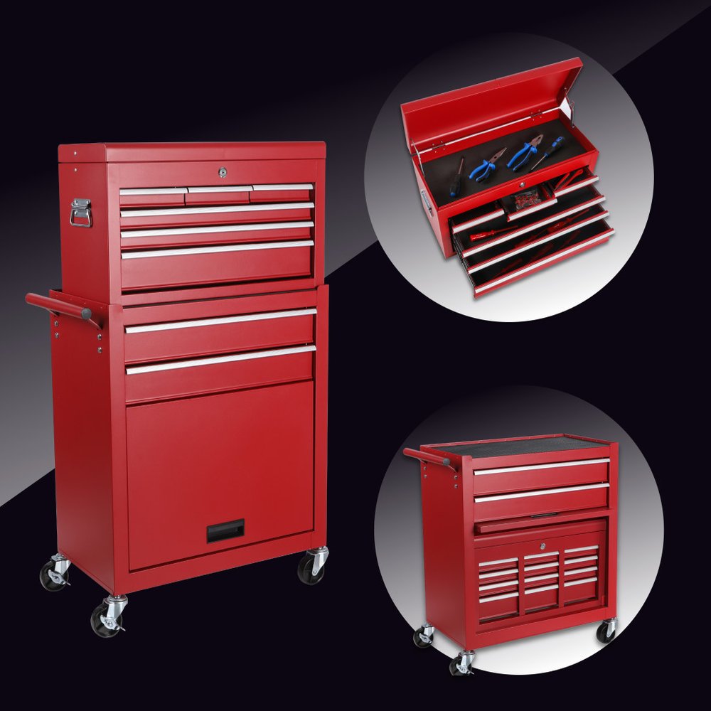 Set of Two Red Multi-Tier Steel Rolling Cabinet With Lid HomeRoots
