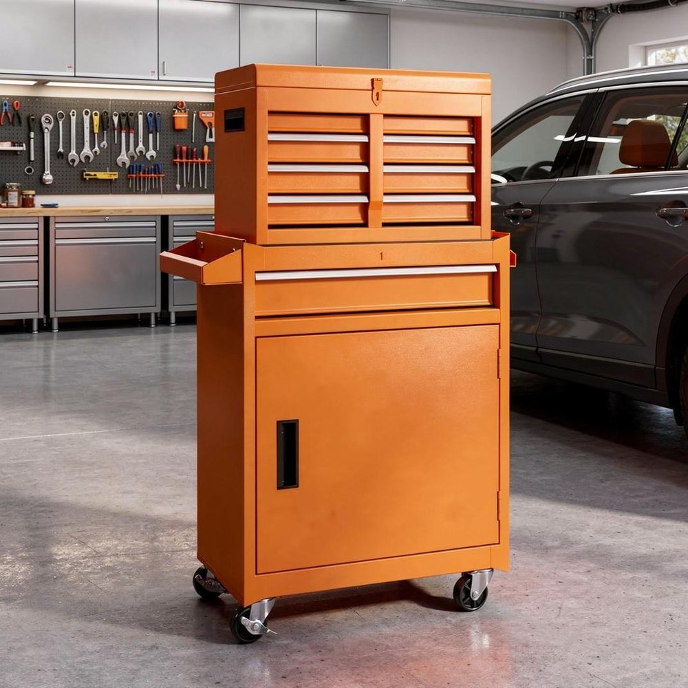 Set of Two Orange Multi-Tier Steel Nine Drawer Rolling Storage Cabinet With Lid HomeRoots