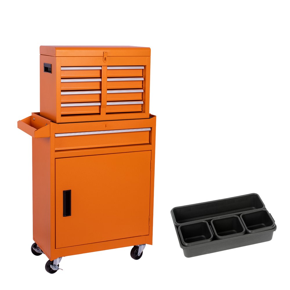 Set of Two Orange Multi-Tier Steel Nine Drawer Rolling Storage Cabinet With Lid HomeRoots