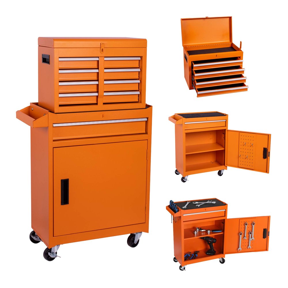 Set of Two Orange Multi-Tier Steel Nine Drawer Rolling Storage Cabinet With Lid HomeRoots