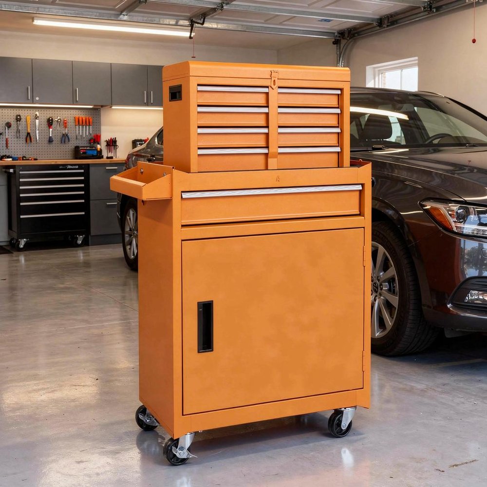 Set of Two Orange Multi-Tier Steel Nine Drawer Rolling Storage Cabinet With Lid HomeRoots