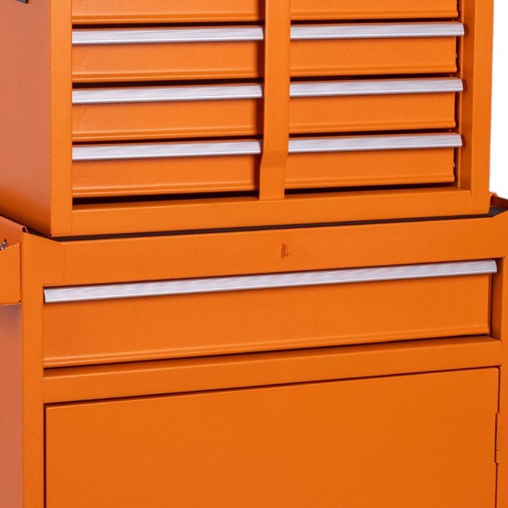Set of Two Orange Multi-Tier Steel Nine Drawer Rolling Storage Cabinet With Lid HomeRoots