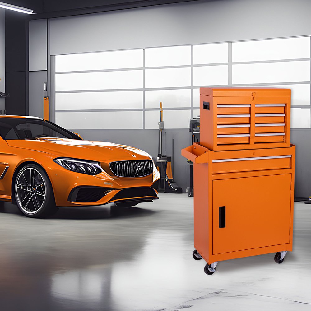 Set of Two Orange Multi-Tier Steel Rolling Cabinet With Lid HomeRoots