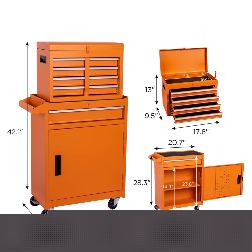 Set of Two Orange Multi-Tier Steel Rolling Cabinet With Lid HomeRoots
