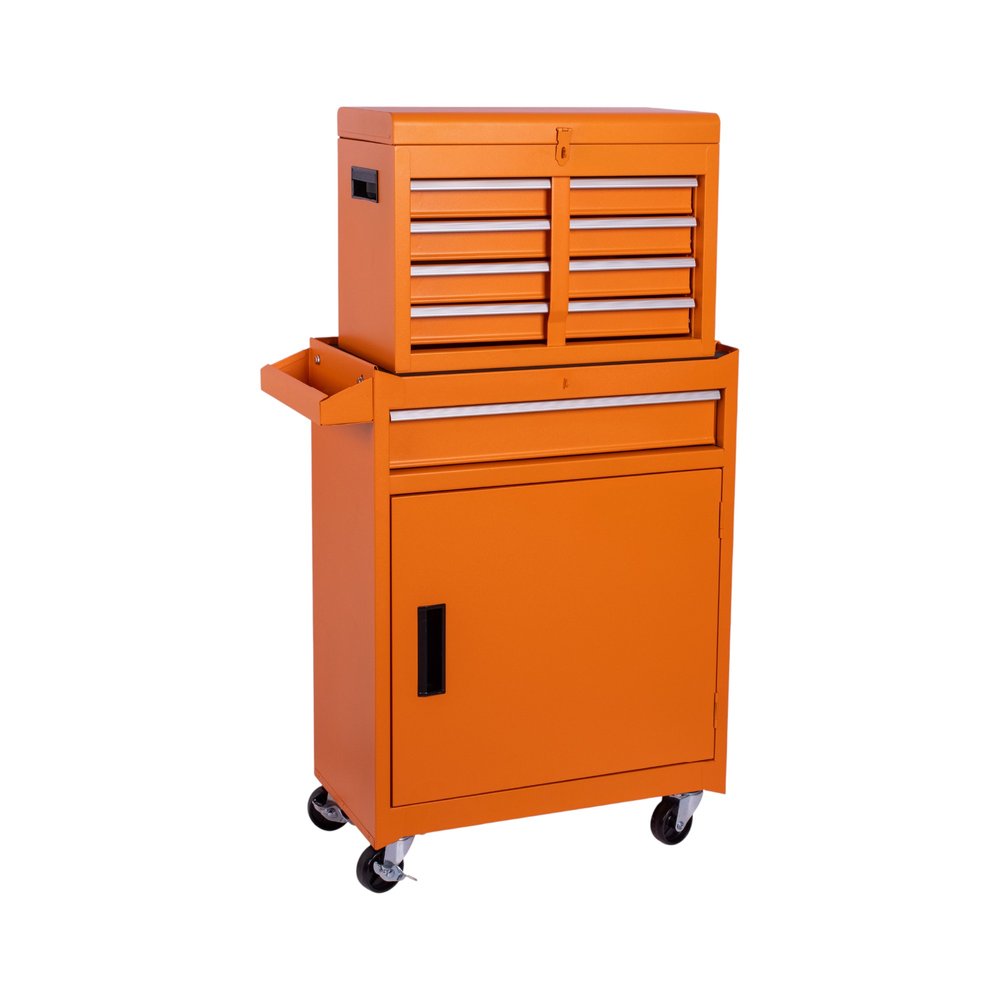 Set of Two Orange Multi-Tier Steel Nine Drawer Rolling Storage Cabinet With Lid HomeRoots