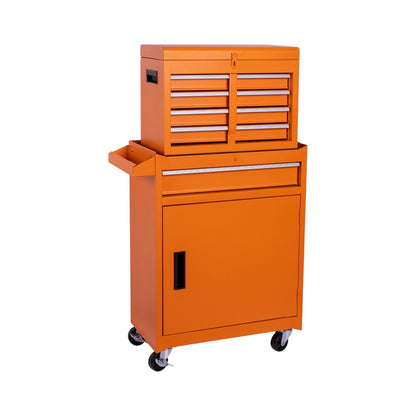 Set of Two Orange Multi-Tier Steel Nine Drawer Rolling Storage Cabinet With Lid HomeRoots