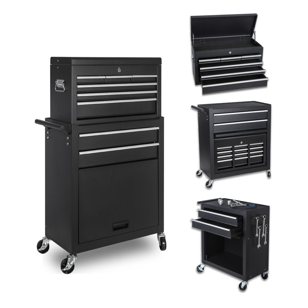 Set of Two Black Multi-Tier Steel Eight Drawer Rolling Storage Cabinet With Lid HomeRoots