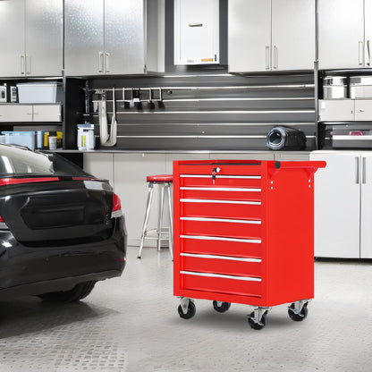 24" Red Multi-Tier Steel Four Drawer Rolling Storage Cabinet With Lid HomeRoots