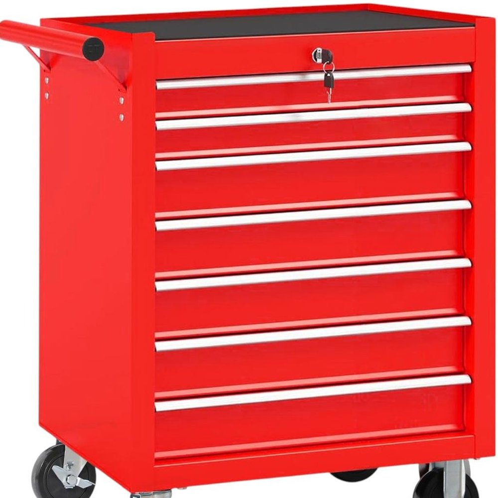 24" Red Multi-Tier Steel Four Drawer Rolling Storage Cabinet With Lid HomeRoots