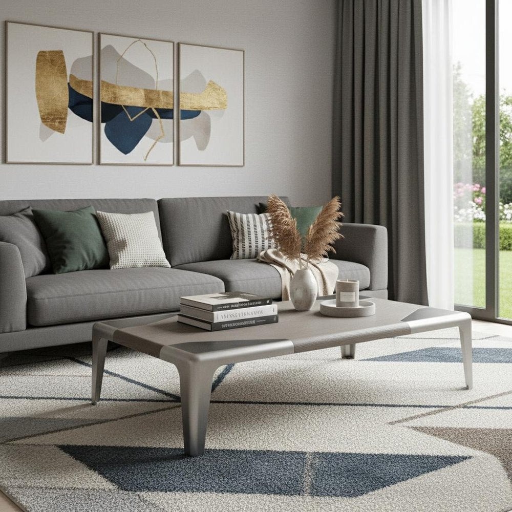 57" Light Gray and Silver Wood and Stainless Steel Coffee Table HomeRoots