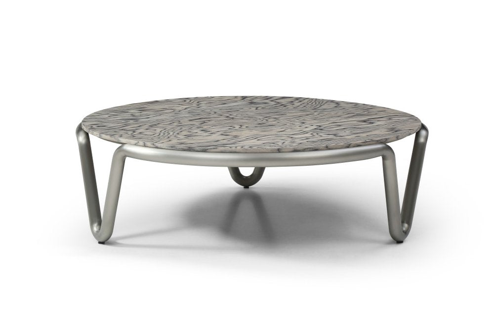 55" Gray and Silver Wood and Stainless Steel Round Coffee Table HomeRoots