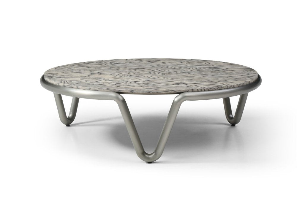 55" Gray and Silver Wood and Stainless Steel Round Coffee Table HomeRoots