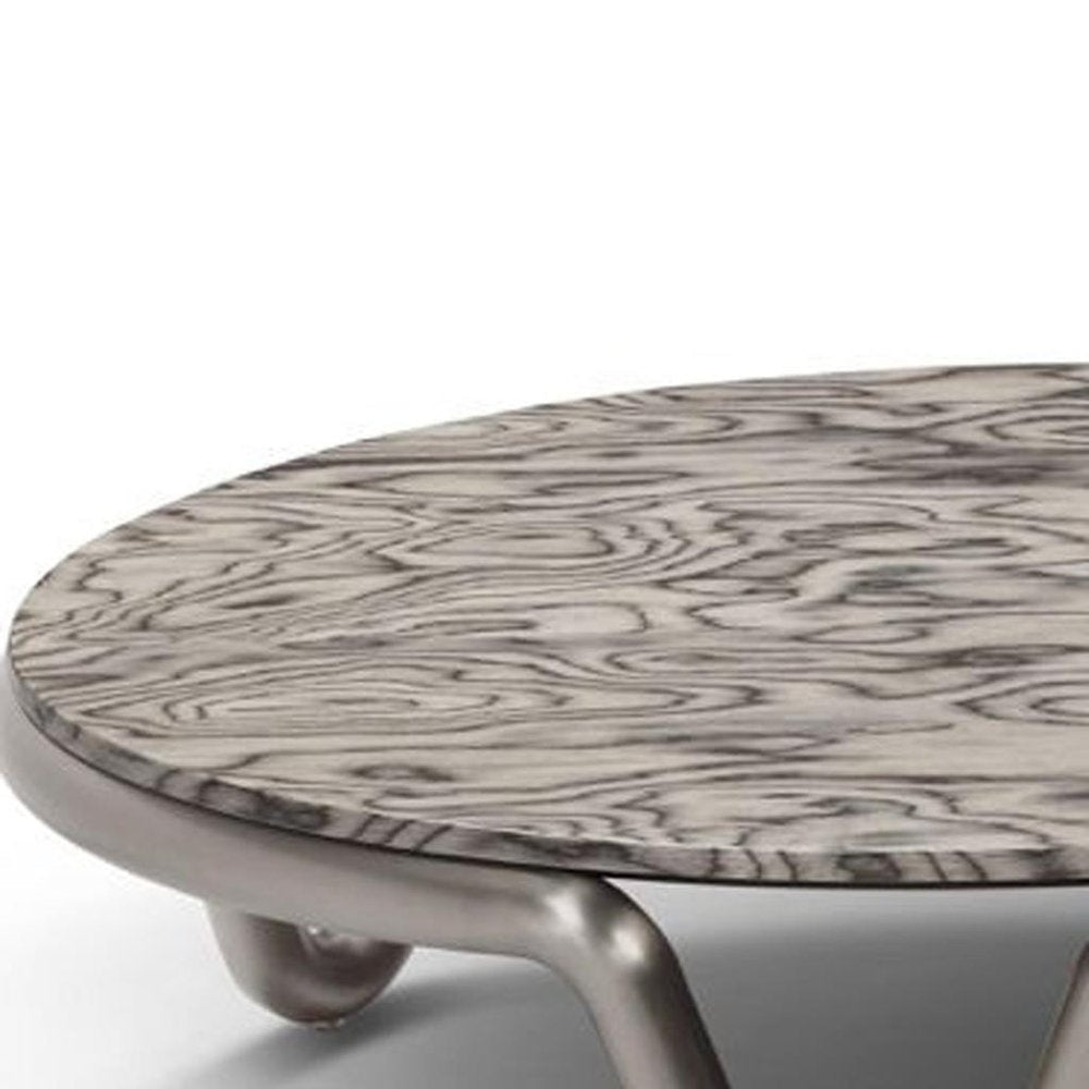 55" Gray and Silver Wood and Stainless Steel Round Coffee Table HomeRoots