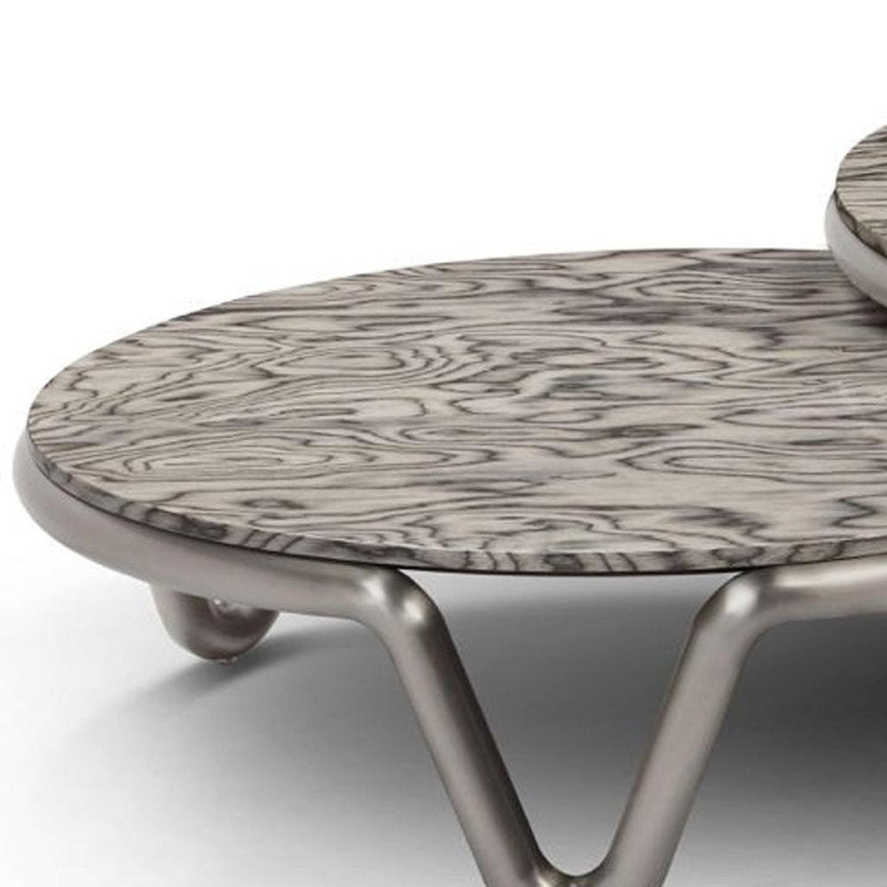 55" Gray and Silver Wood and Stainless Steel Round Coffee Table HomeRoots