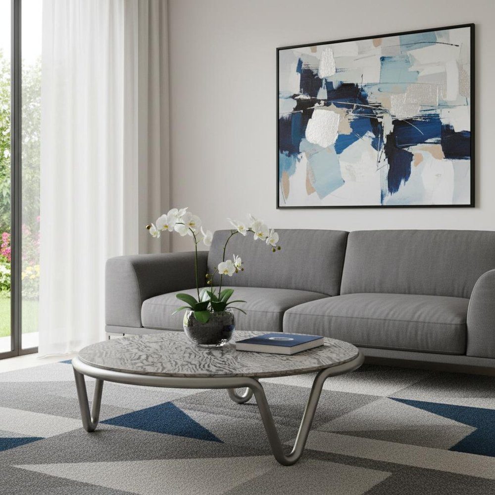 55" Gray and Silver Wood and Stainless Steel Round Coffee Table HomeRoots