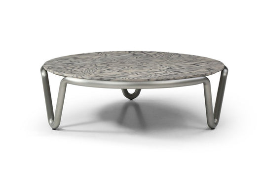 43" Gray and Silver Wood and Stainless Steel Round Coffee Table HomeRoots