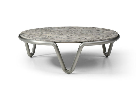 43" Gray and Silver Wood and Stainless Steel Round Coffee Table HomeRoots