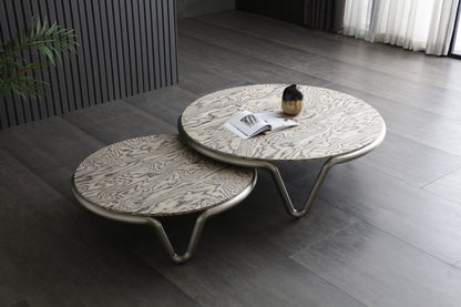 43" Gray and Silver Wood and Stainless Steel Round Coffee Table HomeRoots