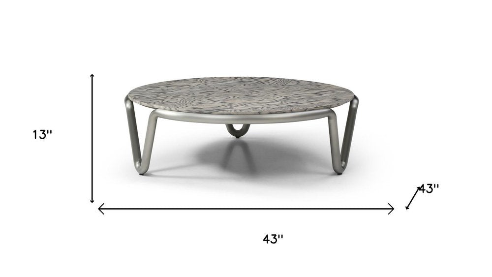 43" Gray and Silver Wood and Stainless Steel Round Coffee Table HomeRoots