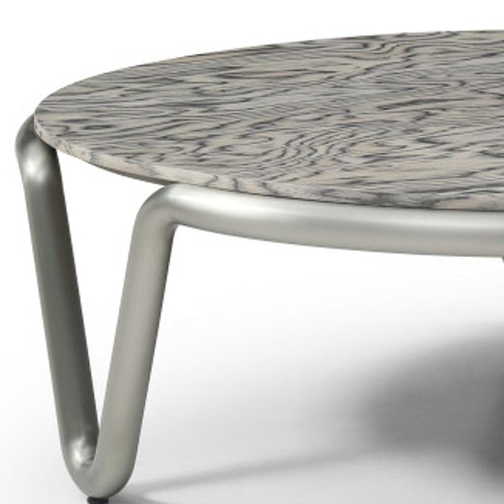 43" Gray and Silver Wood and Stainless Steel Round Coffee Table HomeRoots
