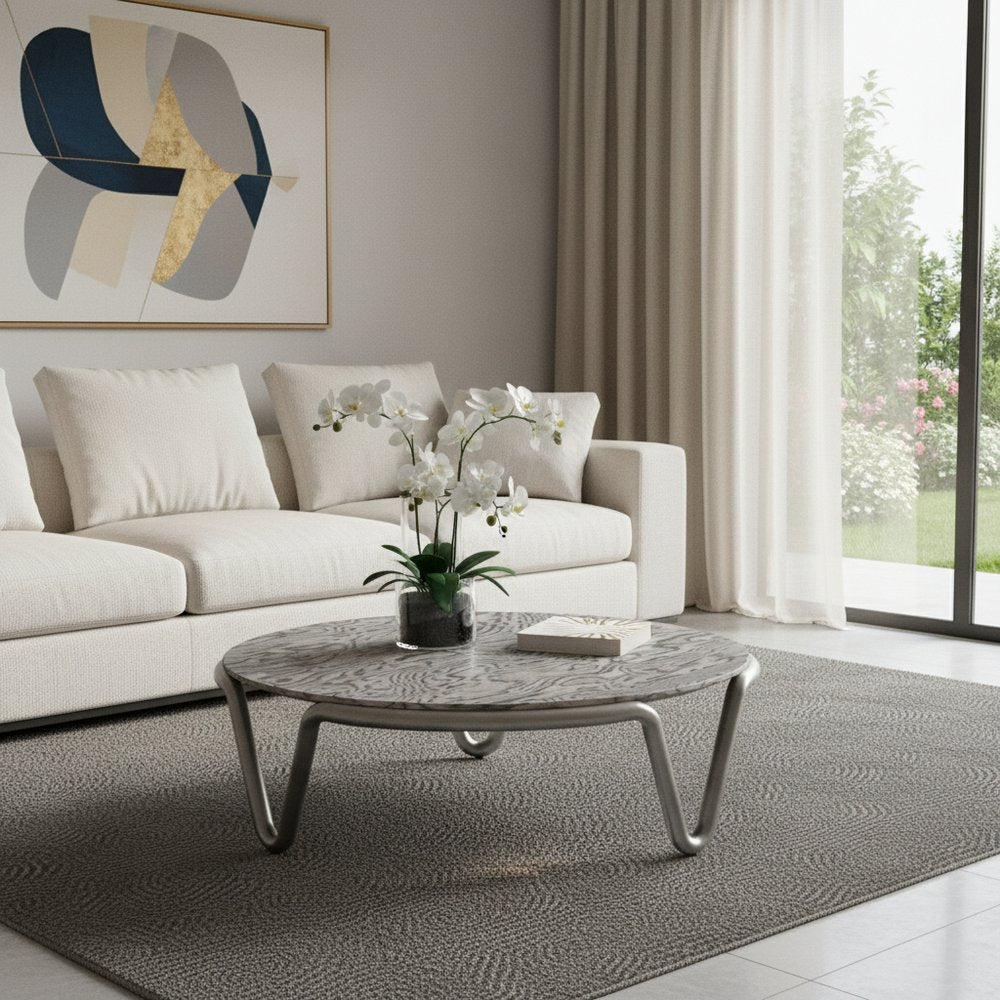43" Gray and Silver Wood and Stainless Steel Round Coffee Table HomeRoots