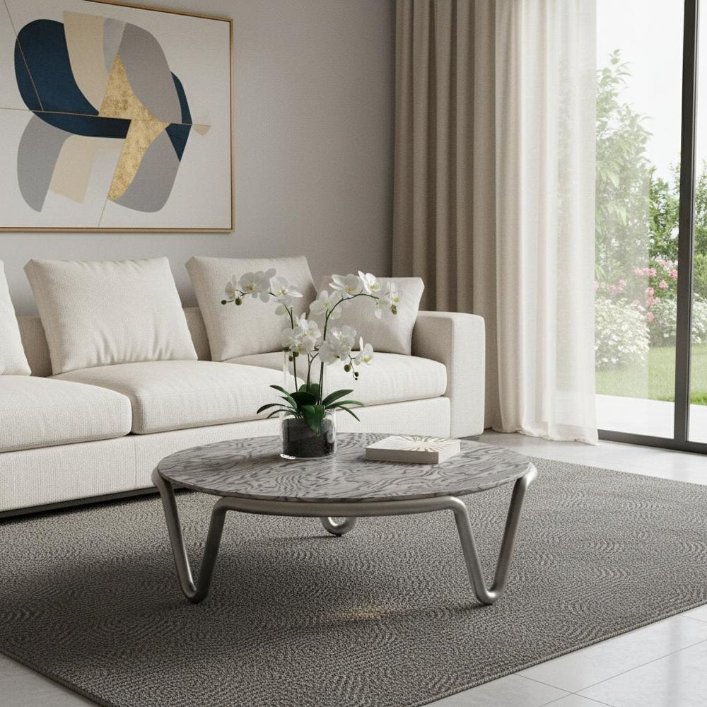 43" Gray and Silver Wood and Stainless Steel Round Coffee Table HomeRoots