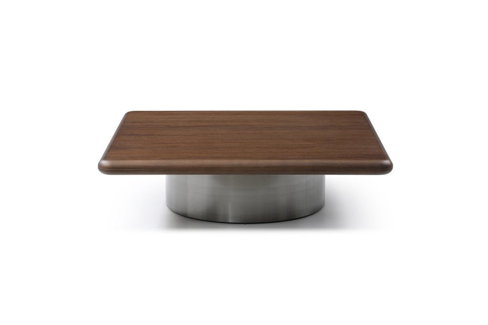 39" Brown and Silver Wood and Stainless Steel Square Pedestal Coffee Table HomeRoots
