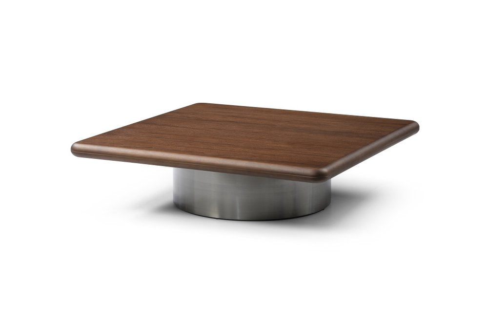39" Brown and Silver Wood and Stainless Steel Square Pedestal Coffee Table HomeRoots