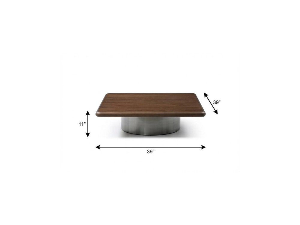 39" Brown and Silver Wood and Stainless Steel Square Pedestal Coffee Table HomeRoots