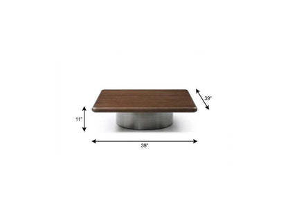 39" Brown and Silver Wood and Stainless Steel Square Pedestal Coffee Table HomeRoots