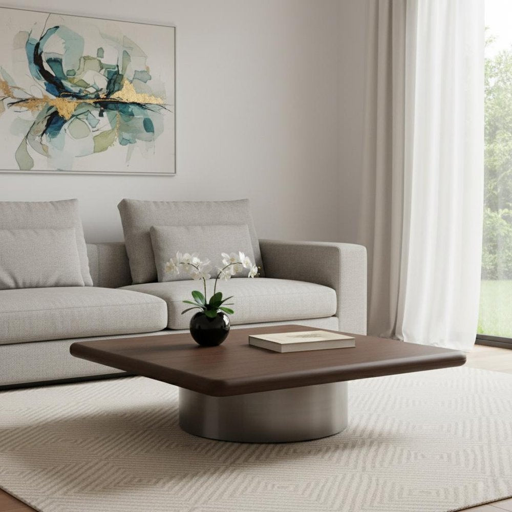 39" Brown and Silver Wood and Stainless Steel Square Pedestal Coffee Table — view 6